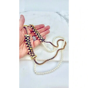 Ann Taylor Long Necklace Signed Gold Tone Faux Pearl 26” Double Strand E…